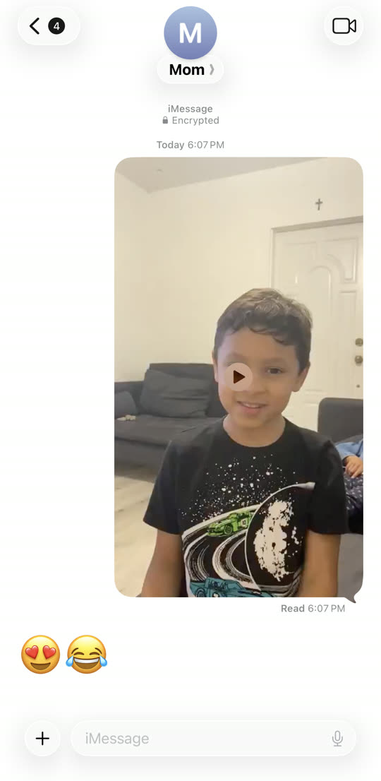 An iMessage thread: a video of the kids sent to Mom, answered with two emoji